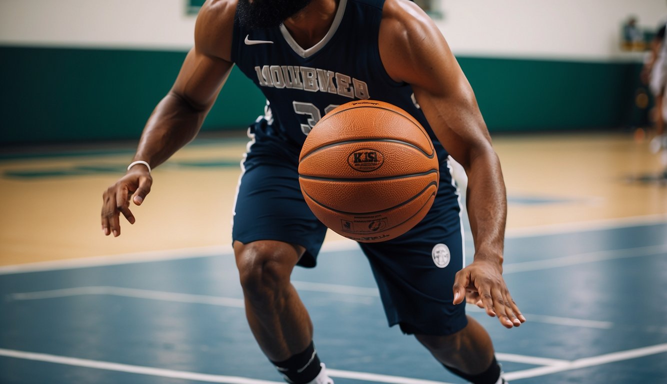 Zeke dribbles a basketball on the court, eyes focused, muscles tense