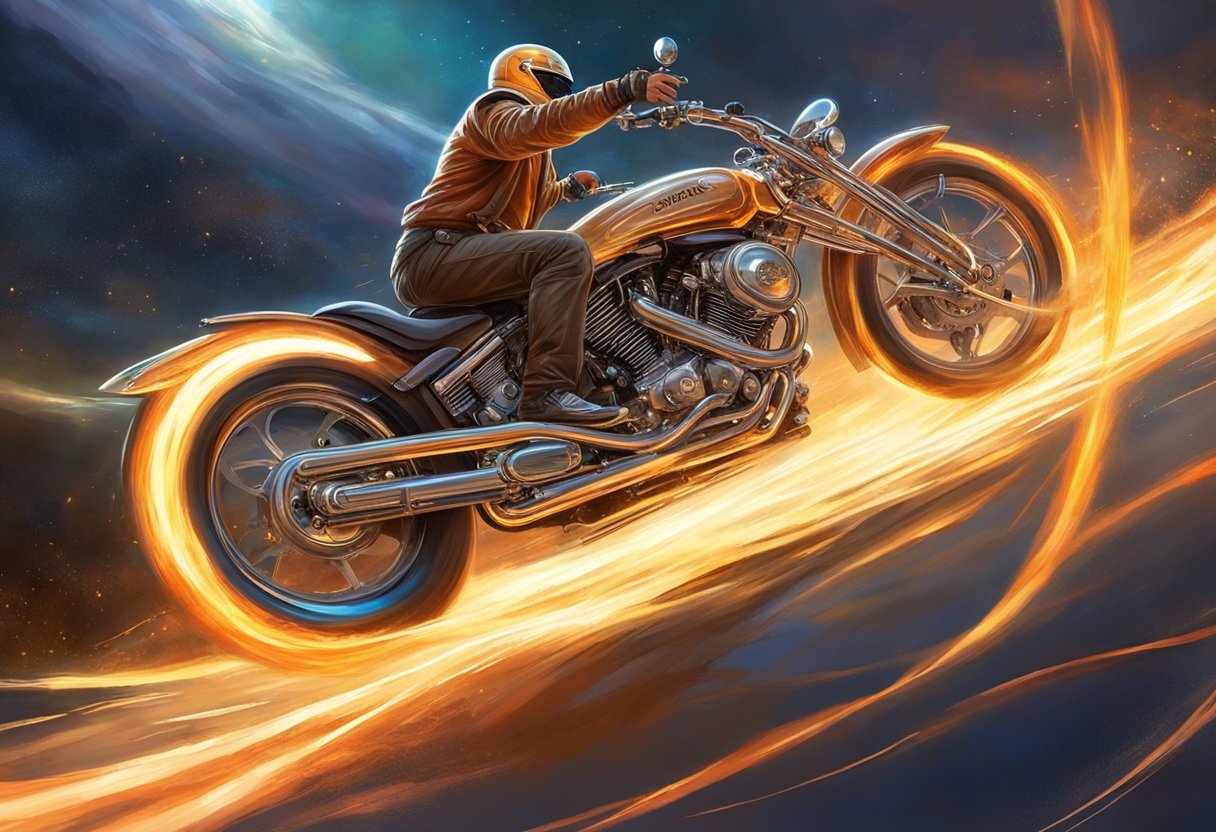 The motorcycle engine sputters and surges at high speeds, with sparks flying from the ignition system