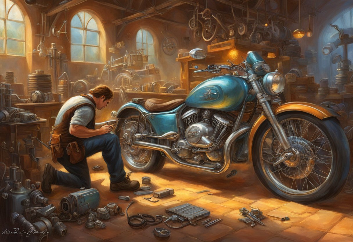 The mechanic examines the motorcycle engine, checking for surging at high speeds. Tools and diagnostic equipment are scattered around the work area