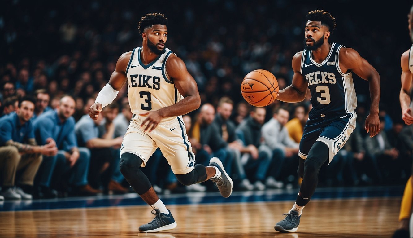 Zeke basketball player in action, dribbling and shooting on the court, surrounded by cheering fans and teammates