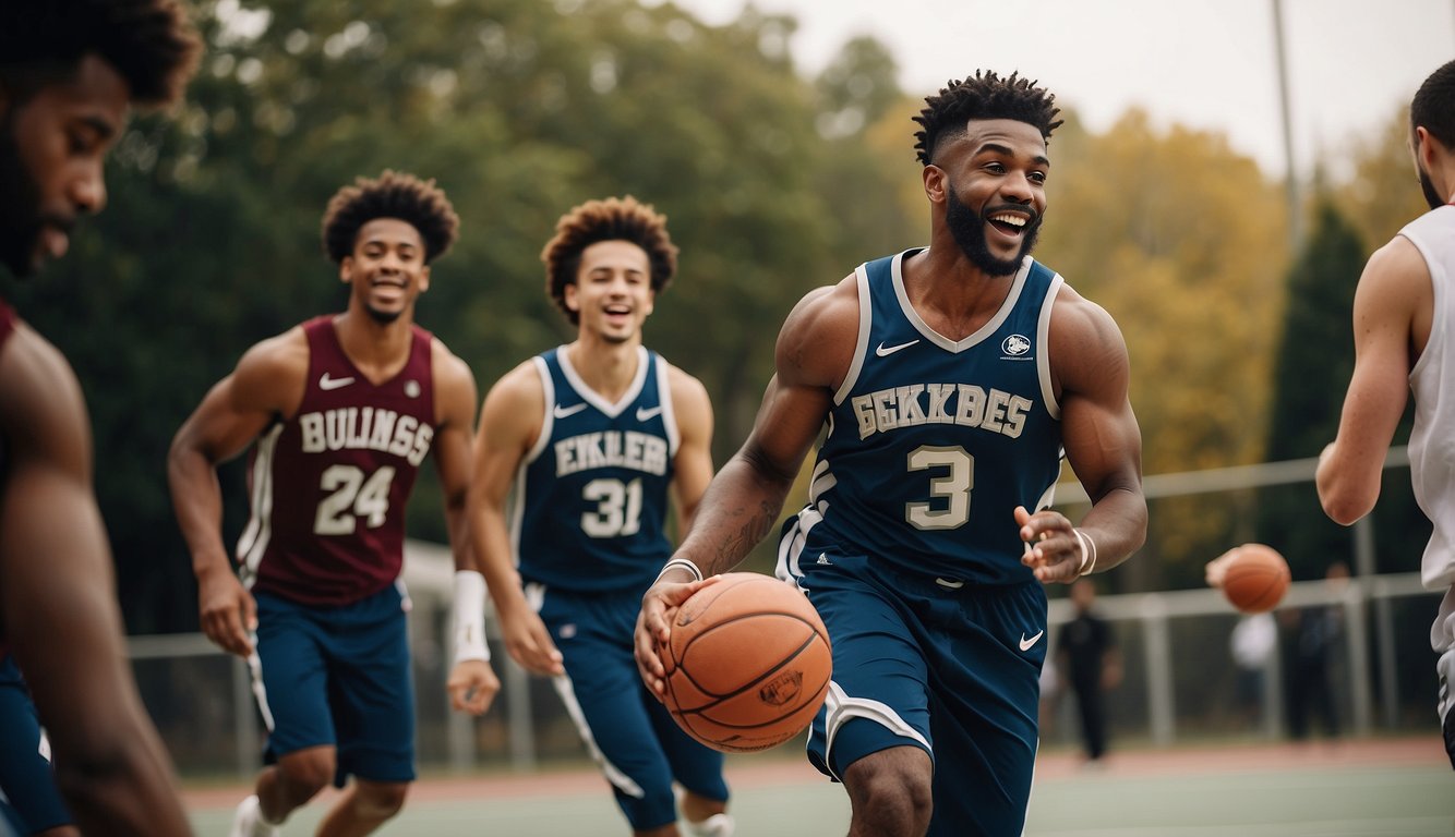 Zeke Basketball playing off-court, dribbling a ball with a focused expression, surrounded by friends cheering and laughing