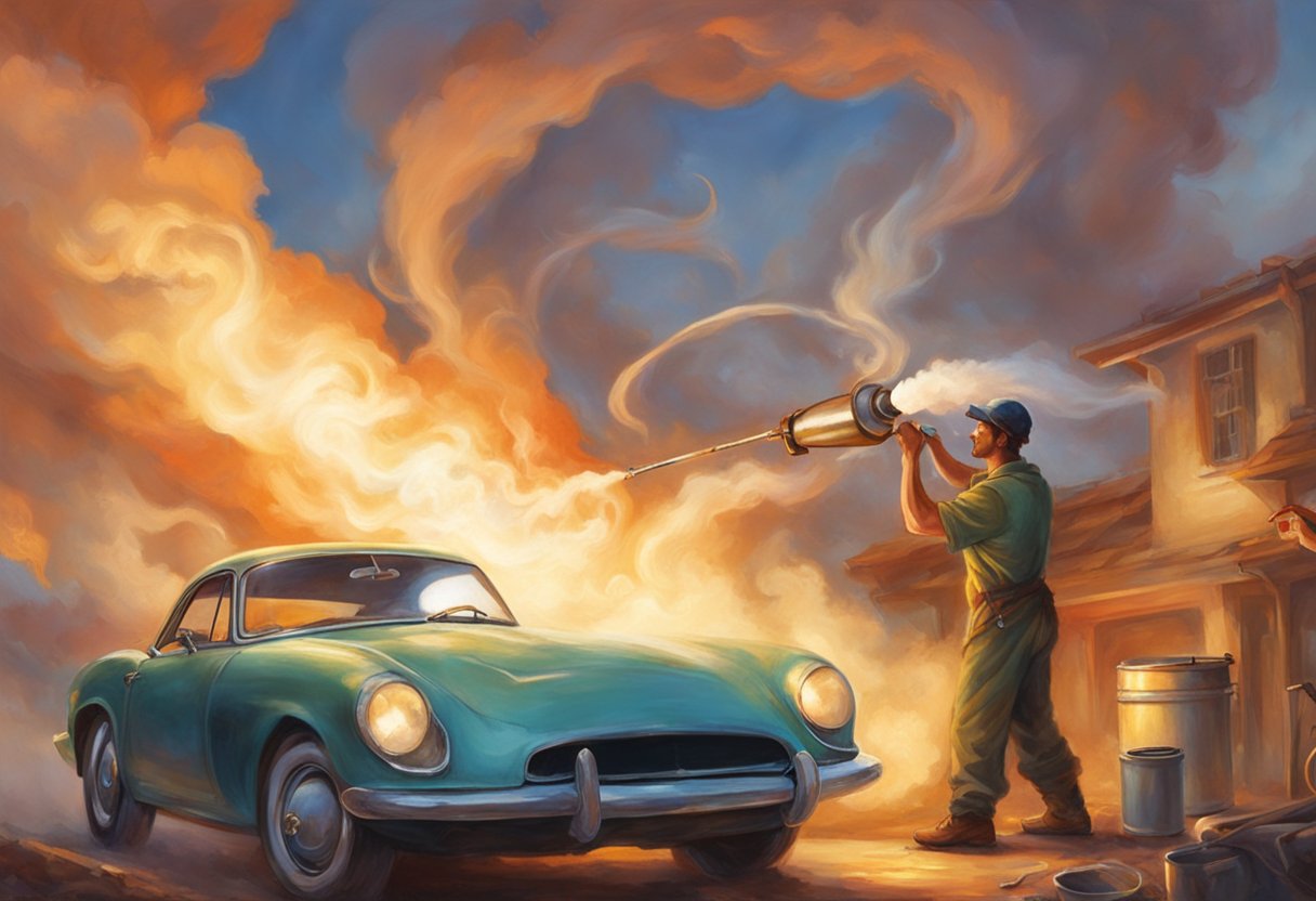 A mechanic replacing a clogged fuel filter with white smoke billowing from the exhaust pipe of a car