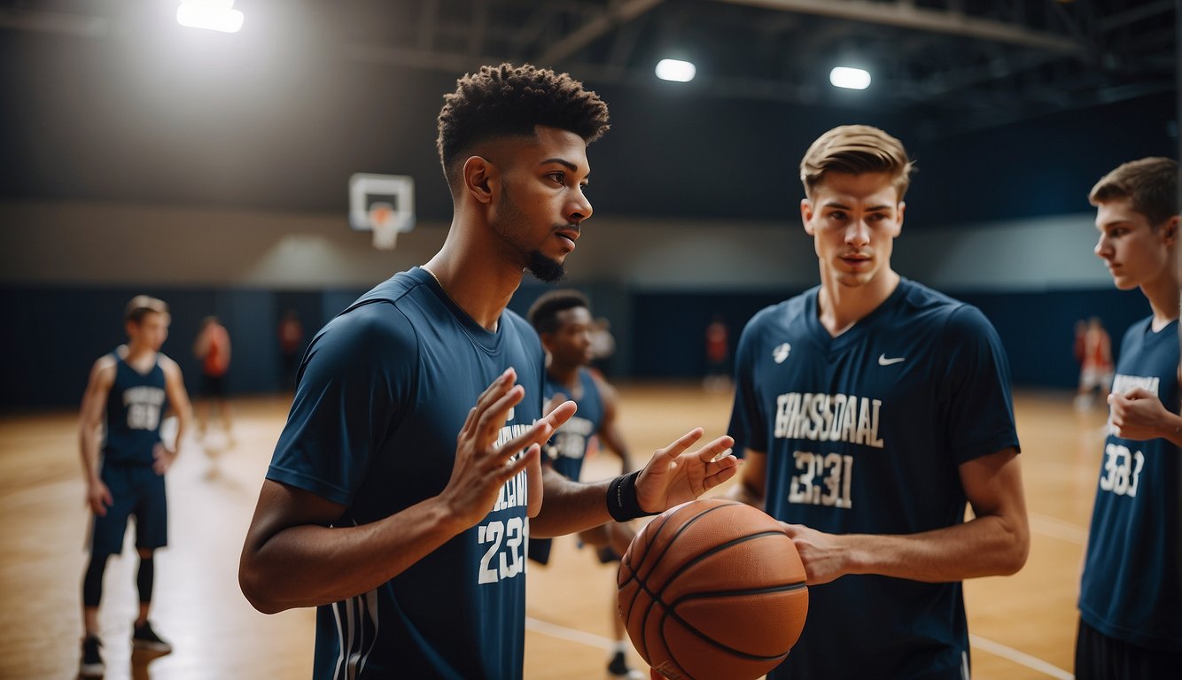 A group of young basketball players receiving coaching and training on the court