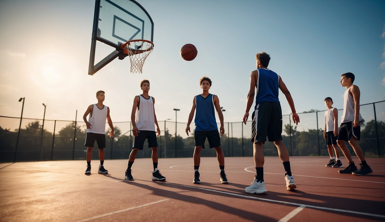 A group of young basketball players practicing on a well-maintained court with proper safety equipment and supervision