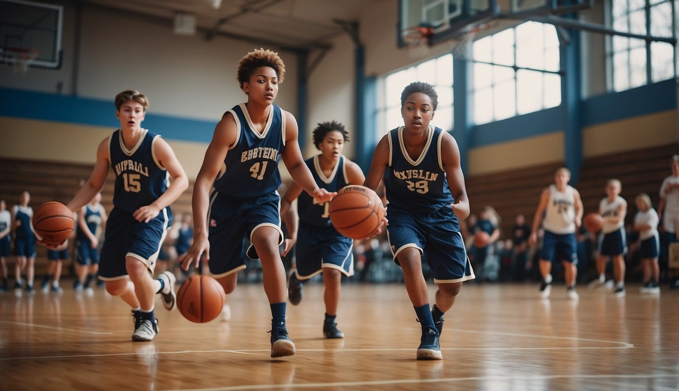 A group of young students playing basketball on a school court while books and educational materials are scattered around the sidelines