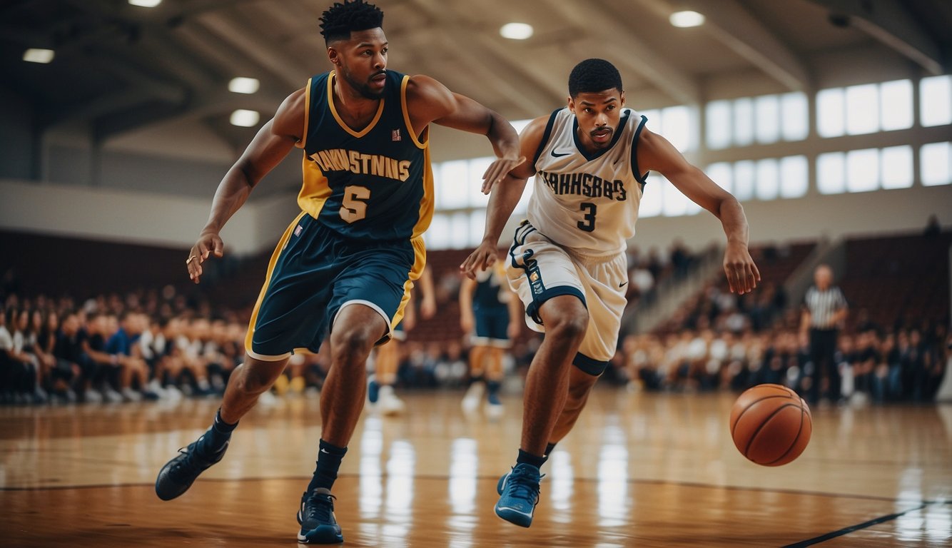 Players dribbling, passing, and shooting on a basketball court. Coaches instructing and motivating. Parents and fans cheering from the sidelines