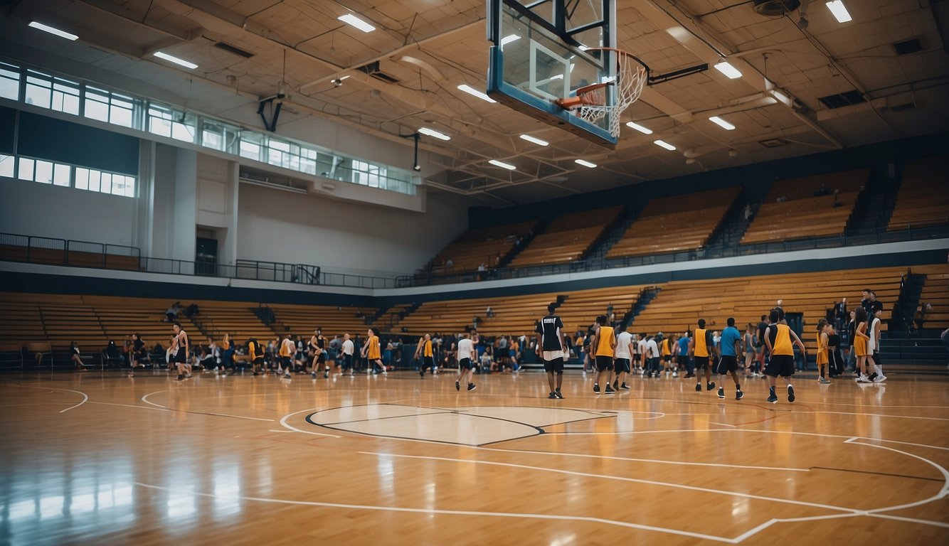 A basketball court filled with young players, surrounded by coaches and parents. Equipment and resources such as hoops, basketballs, and scoreboards are visible