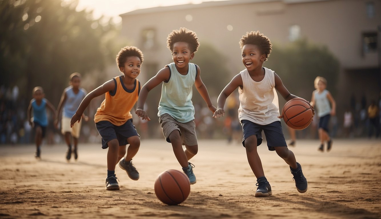 A group of children playing basketball on a dusty outdoor court, surrounded by cheering spectators from diverse cultural backgrounds