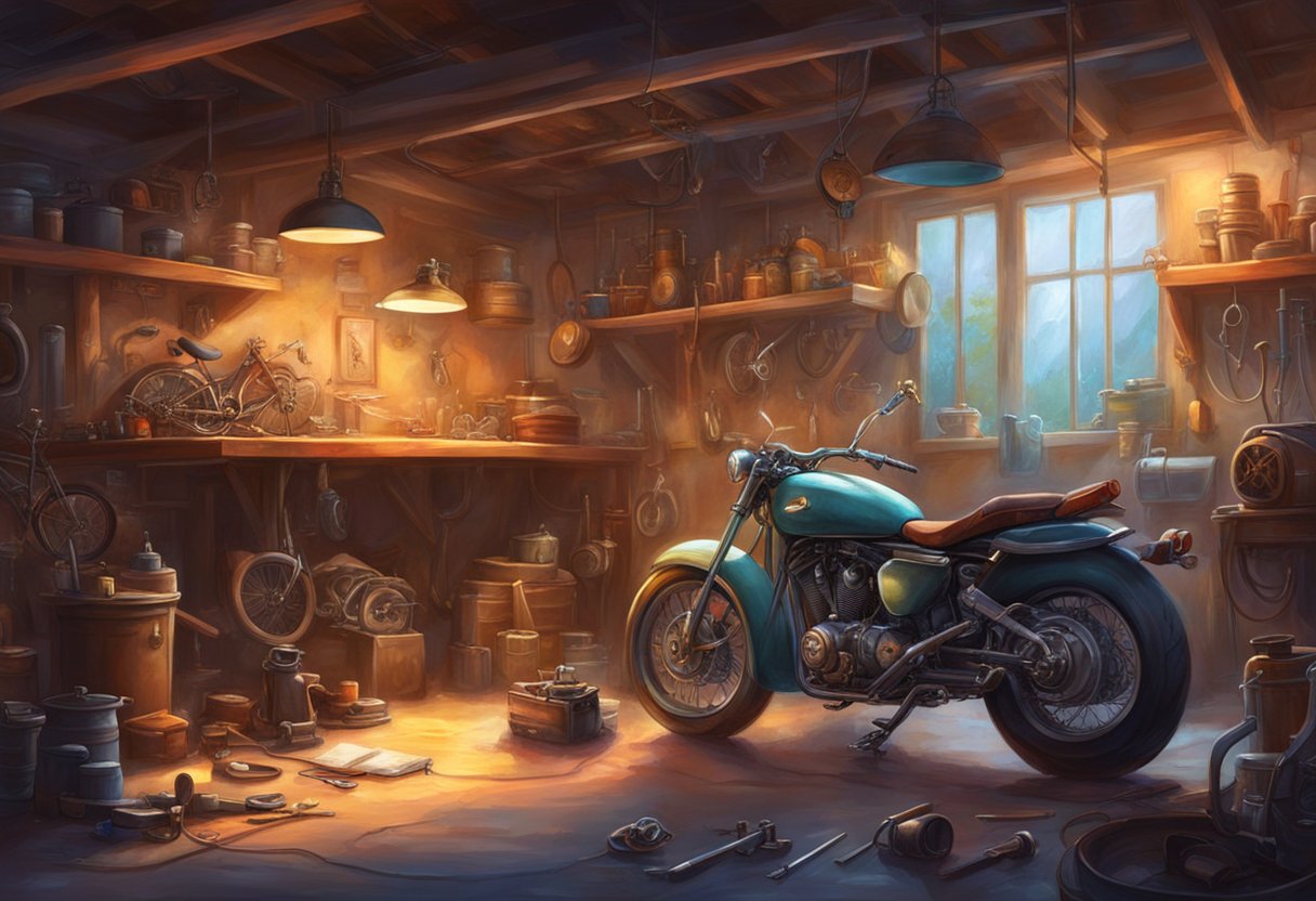 A motorcycle parked in a well-lit garage, with tools and parts scattered around. The mechanic is adjusting the throttle and carburetor, following the steps outlined in the preventative maintenance tips
