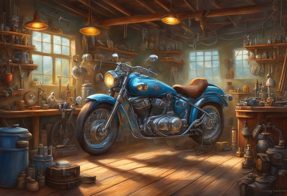 The mechanic revs the motorcycle engine, checking for any hanging idle issues. Tools and diagnostic equipment are scattered around the workbench