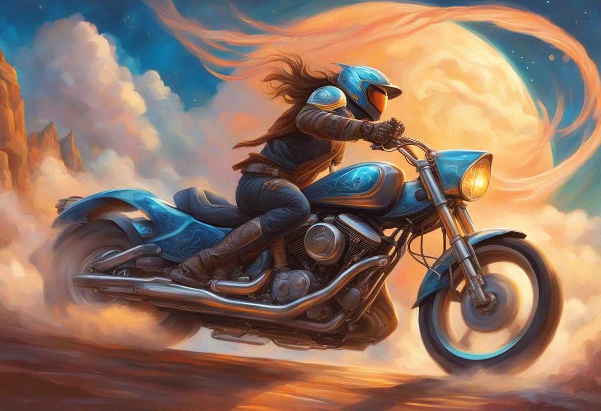 The motorcycle rider shifts gears, causing the bike to momentarily shake before smoothly transitioning to the new gear