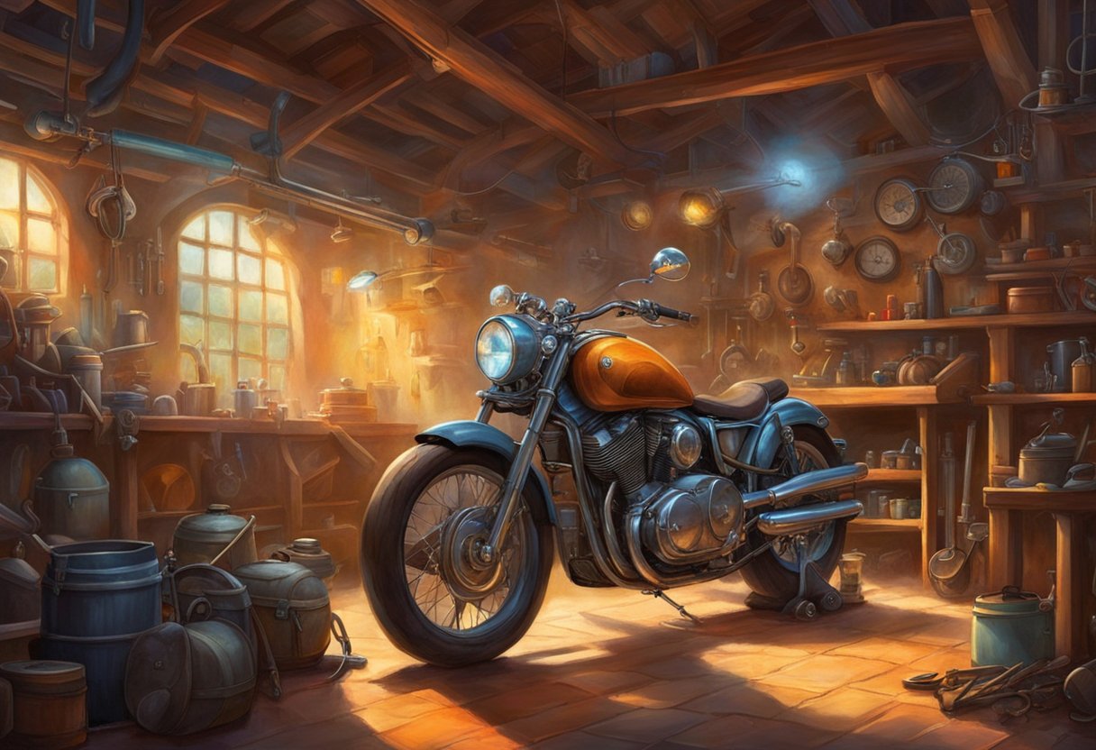 A motorcycle parked in a well-lit garage, surrounded by tools and maintenance equipment. The owner is checking the oil level and tightening bolts on the engine