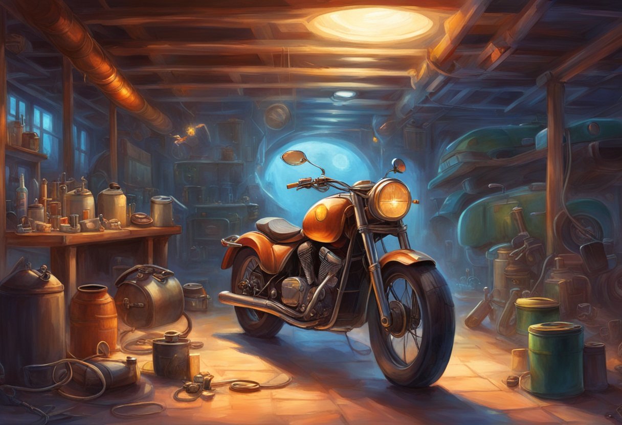 A motorcycle parked in a garage with a mechanic inspecting the fuel system, tools scattered around, and a fuel tank open for troubleshooting