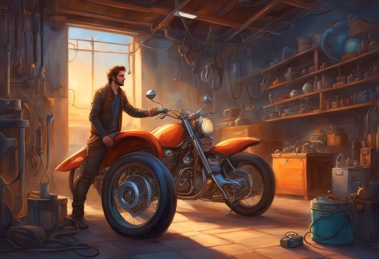 The motorcycle is parked in a well-lit garage, with a mechanic using a multimeter to check the electrical system for any faults or issues