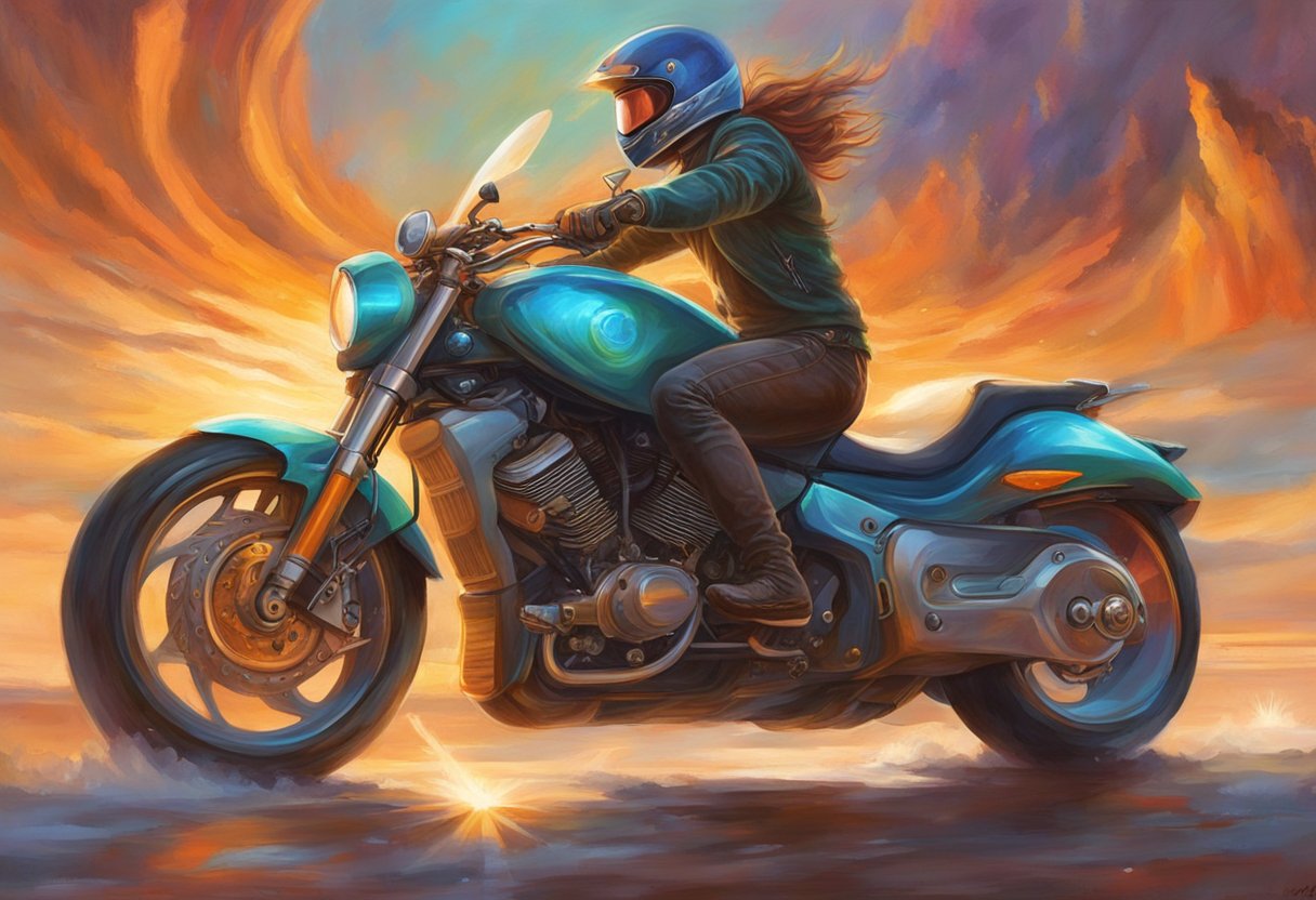 A motorcycle rider shifting gears, with the motorcycle visibly shaking during the process