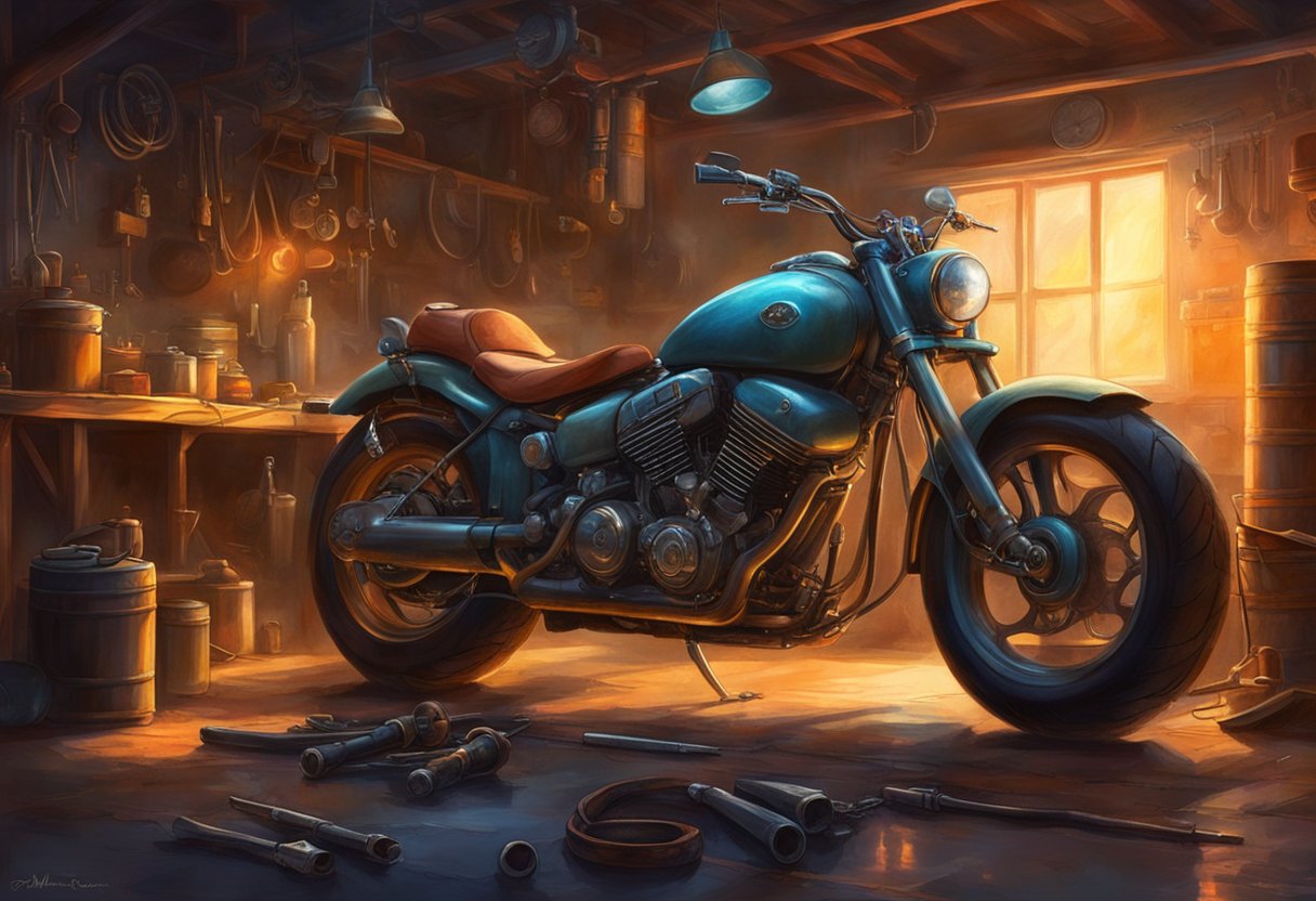 A motorcycle parked in a dimly lit garage, with a mechanic's tools scattered around. The fuel-injected engine is exposed, with the motorcycle appearing to be in the process of being worked on