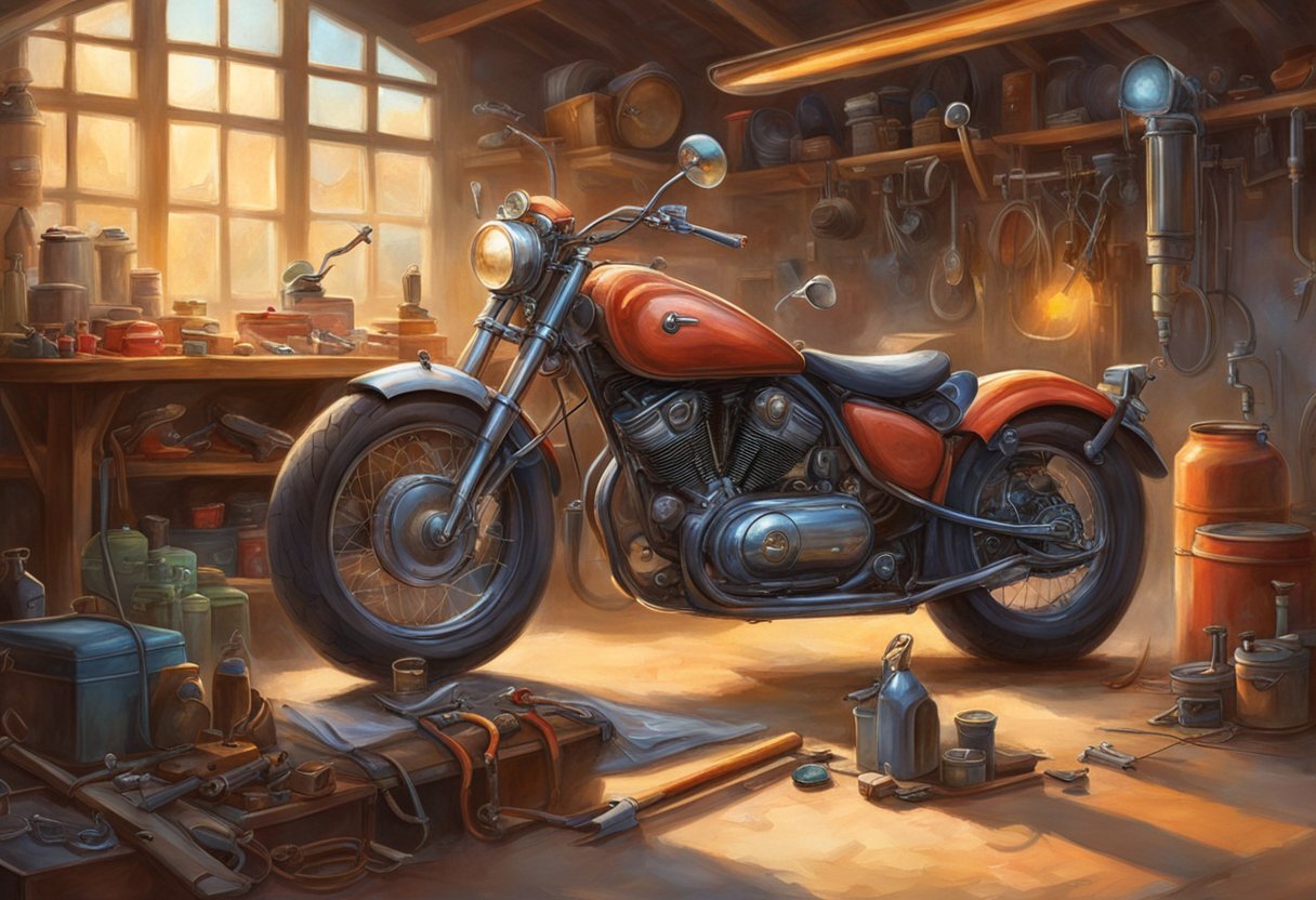 A motorcycle parked in a garage, with the hood raised and tools scattered around. A mechanic is inspecting the fuel injection system