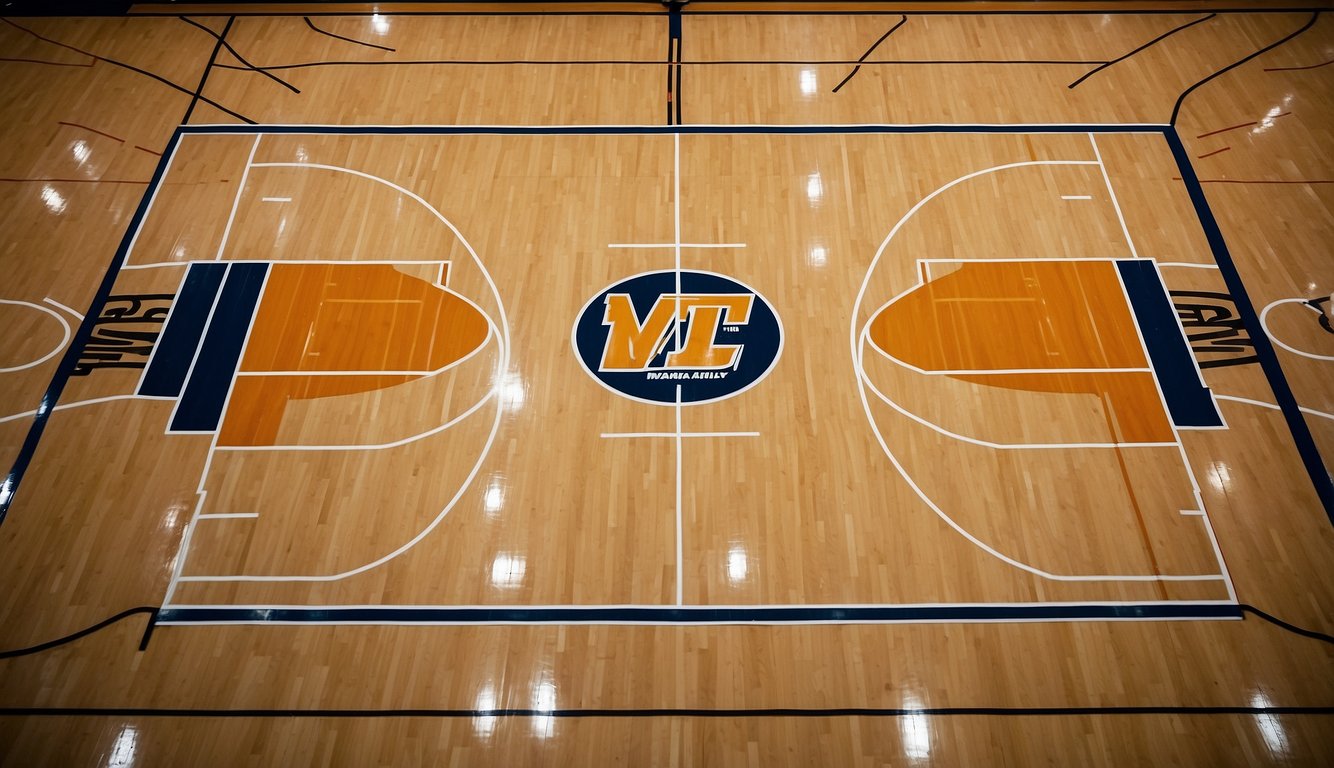 A basketball court divided into four quadrants with NCAA Evaluation Tool (NET) logo at center