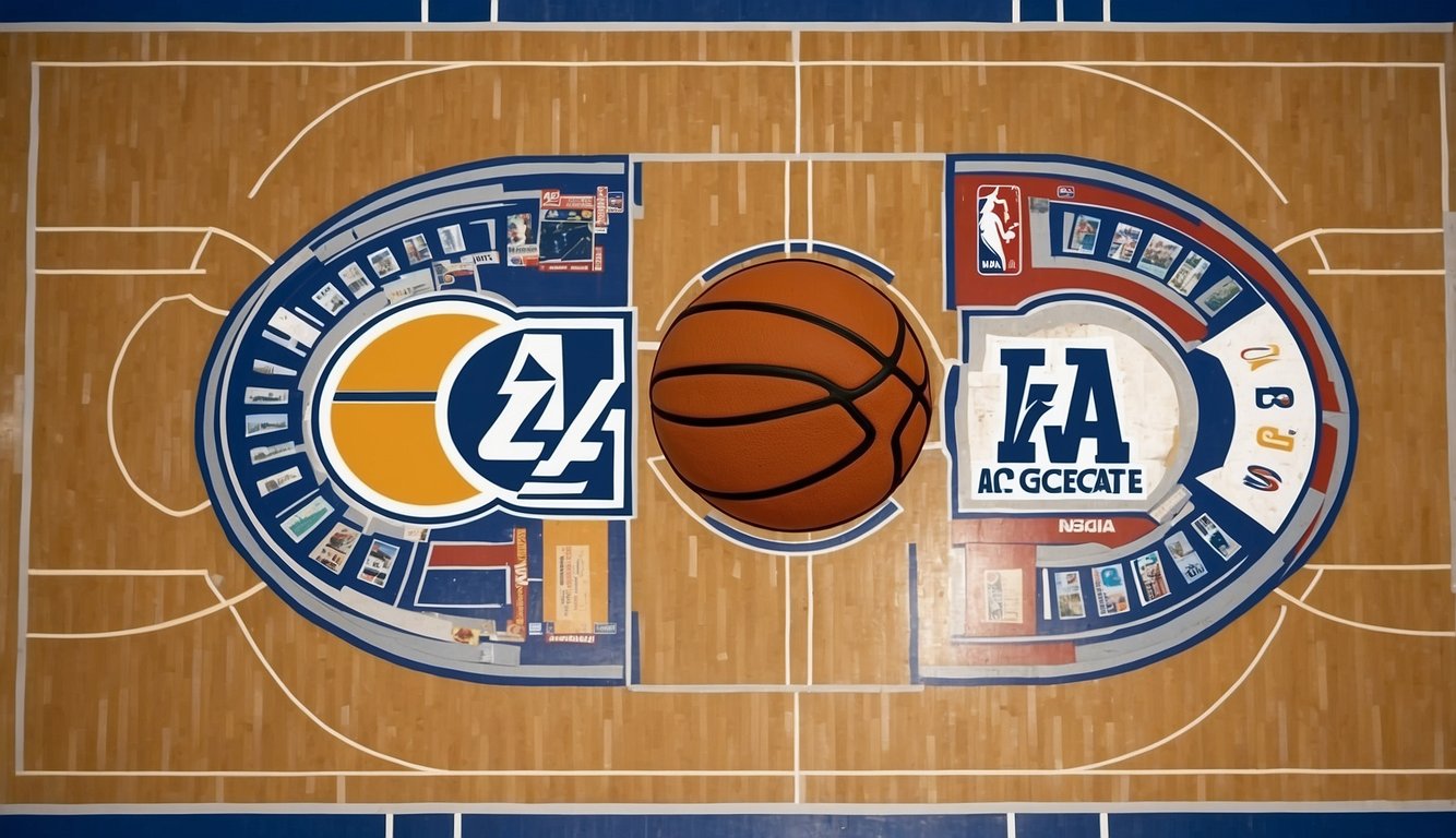 A basketball court divided into four quadrants with NCAA logos at each corner, representing the different regions for tournament placement