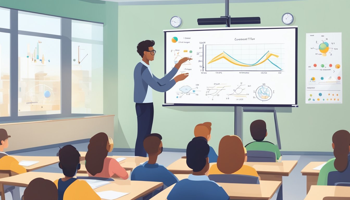 A physics tutor explains concepts using visual aids and interactive demonstrations in a well-lit classroom with a whiteboard and scientific equipment