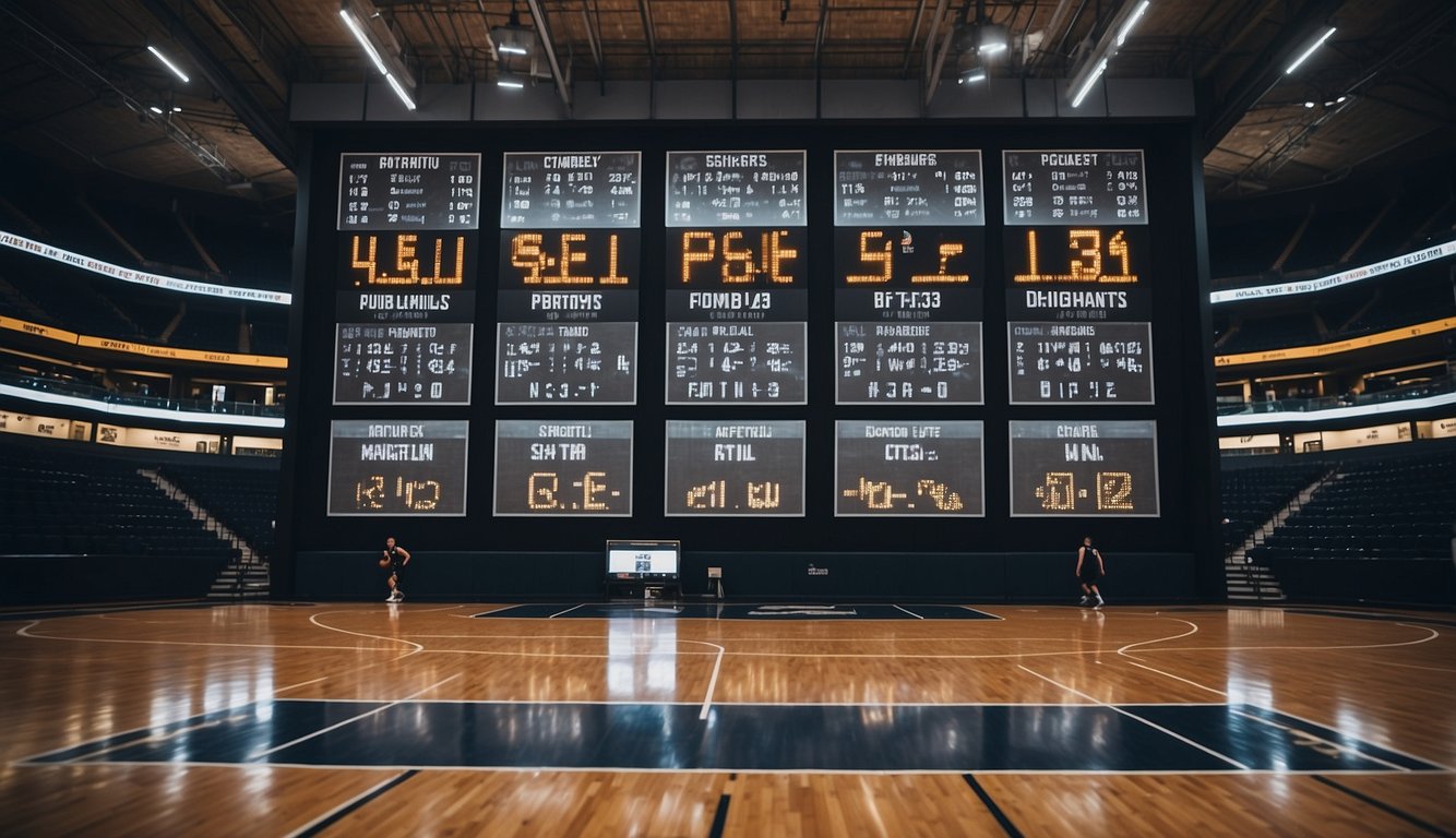 A basketball court divided into four quadrants with labeled performance metrics and rankings displayed on a large scoreboard above the court