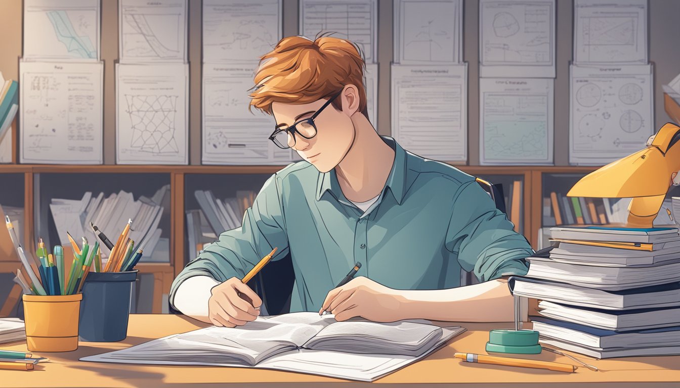 A student sits at a desk, surrounded by textbooks and notes. A physics experiment apparatus and charts are visible in the background