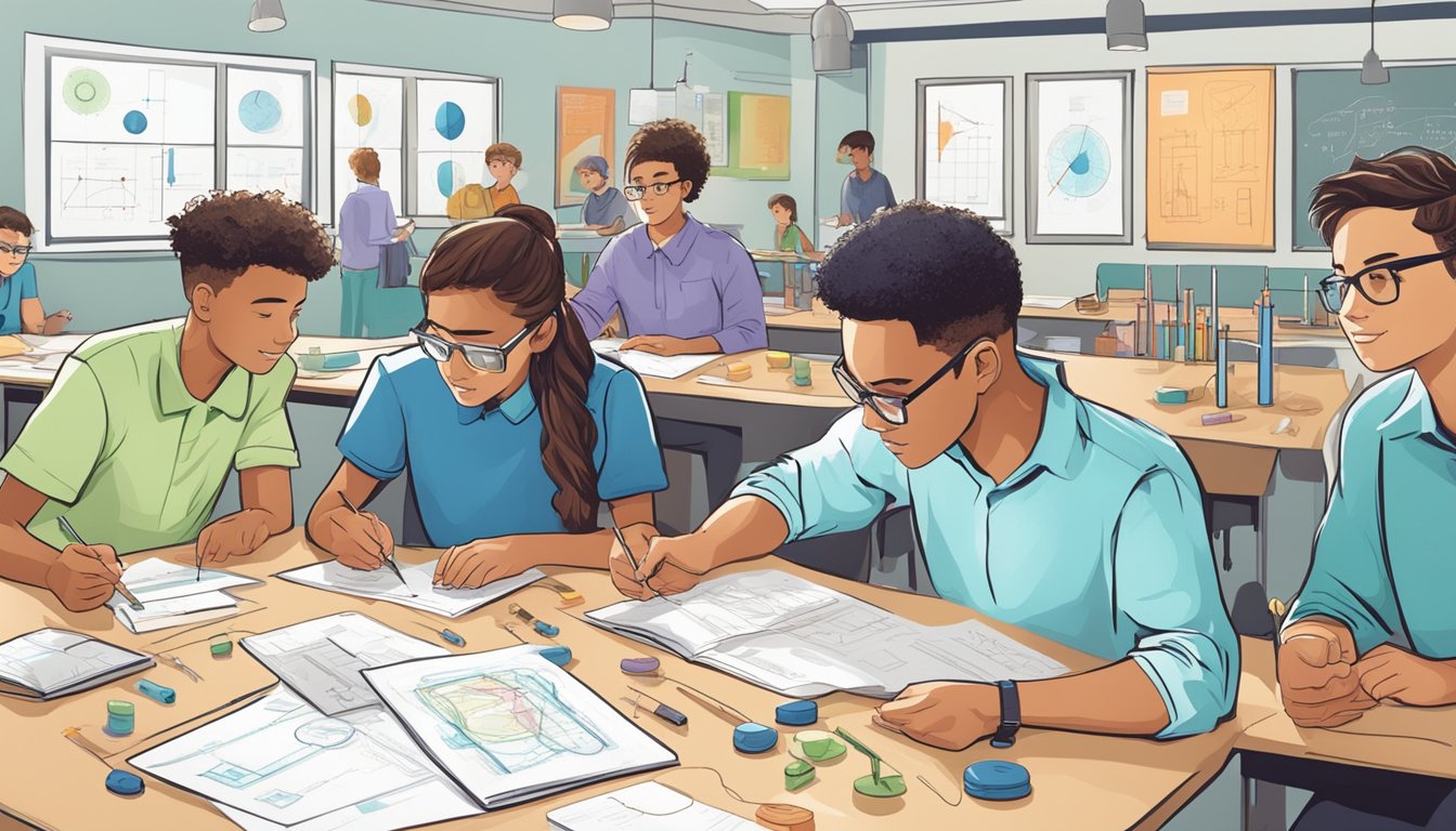 Students eagerly engage in hands-on experiments, surrounded by charts and graphs, while a knowledgeable tutor guides them through complex physics concepts