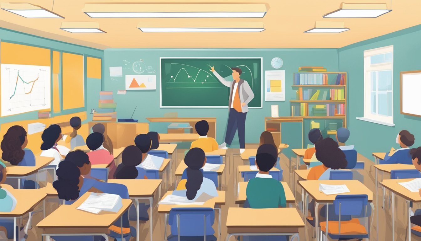A physics teacher answering questions for students in a classroom setting