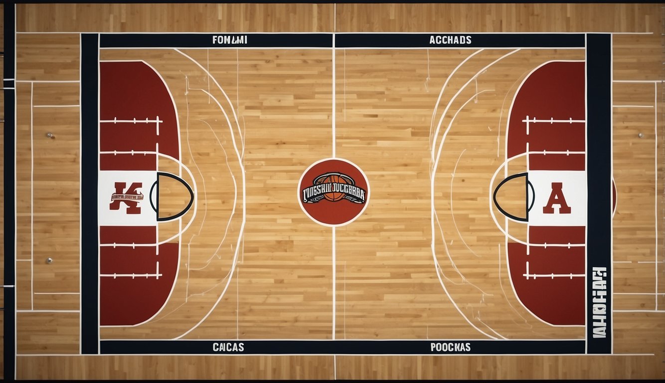 A basketball court divided into four quadrants, labeled with NCAA team performance metrics