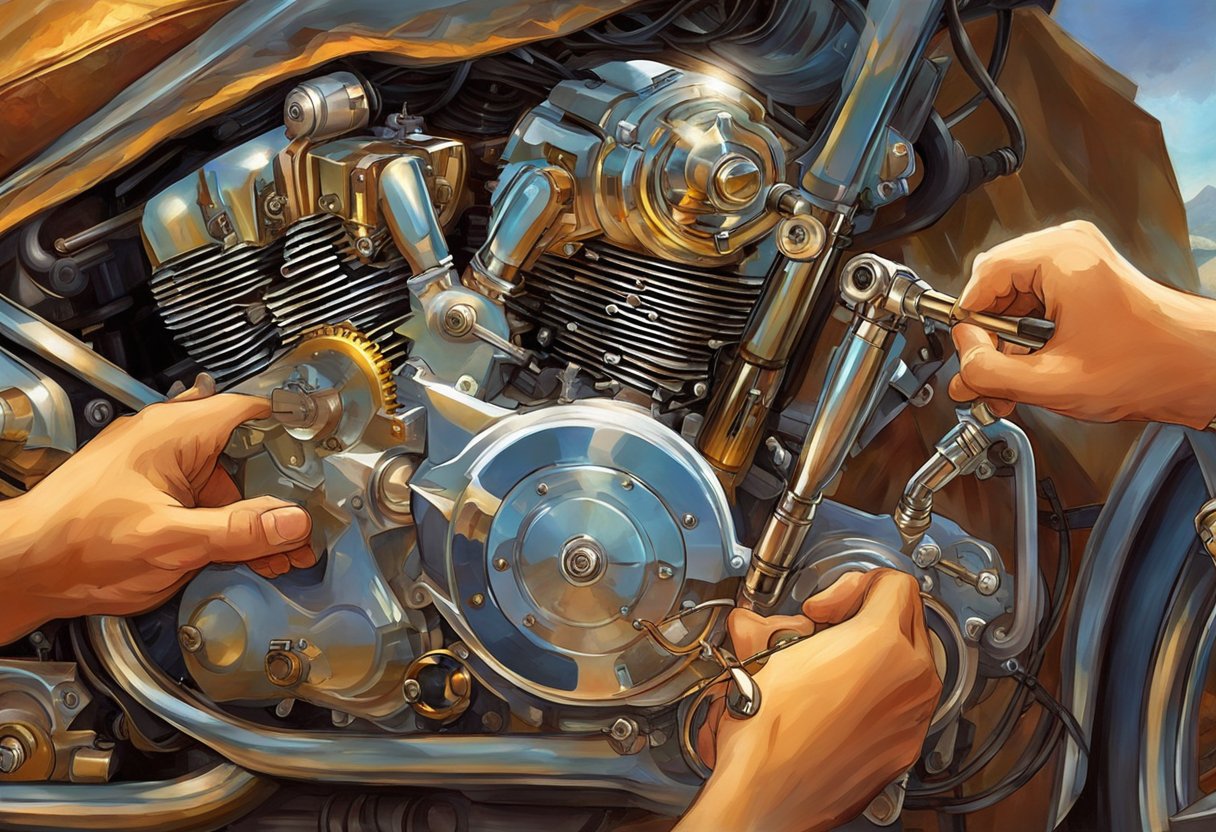 A motorcycle engine is being worked on, with a mechanic replacing the timing chain according to the instructions on themotorguy.com