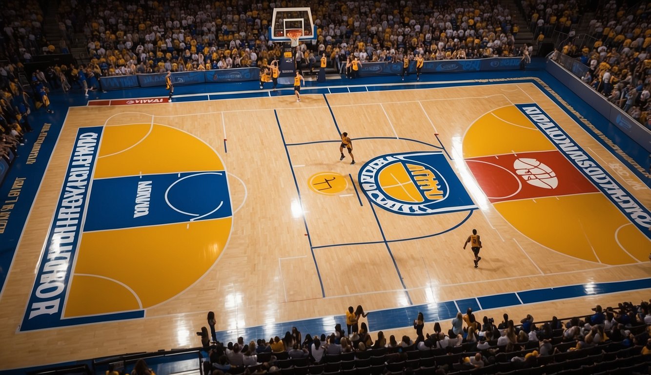 A basketball court divided into four quadrants with NCAA logos in each corner, surrounded by cheering fans and team benches