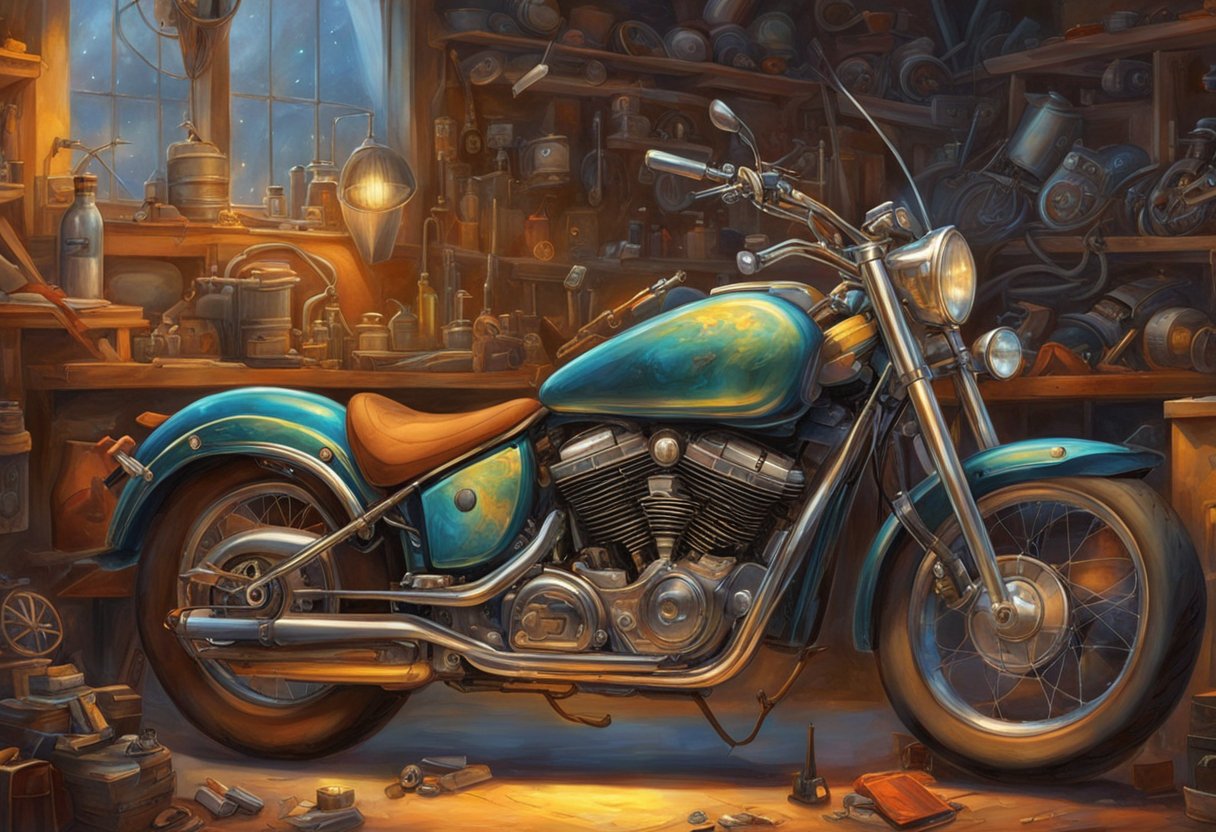 The motorcycle is parked in a garage with tools scattered around. The engine is running, but the idle speed is fluctuating erratically. A mechanic is inspecting the throttle and fuel system