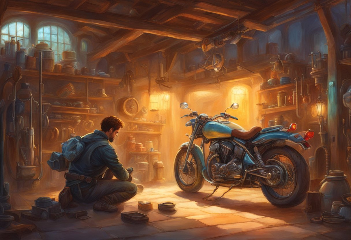 A motorcycle parked in a well-lit garage, with a mechanic checking the engine and adjusting the idle speed using a wrench and a screwdriver