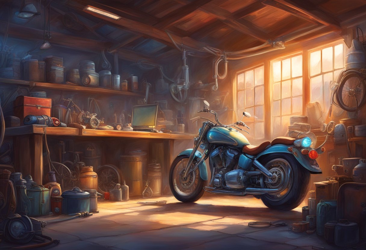 A motorcycle parked in a garage, with diagnostic tools and a laptop connected to the engine. A mechanic is troubleshooting erratic idle speed