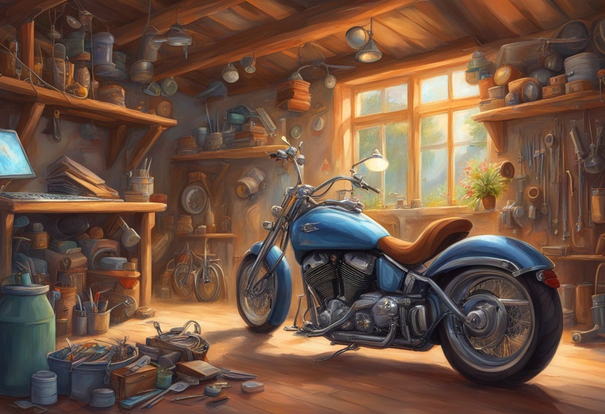 The motorcycle is parked in a garage, with tools scattered around. A laptop is open to a webpage titled "Frequently Asked Questions" on troubleshooting erratic idle speed