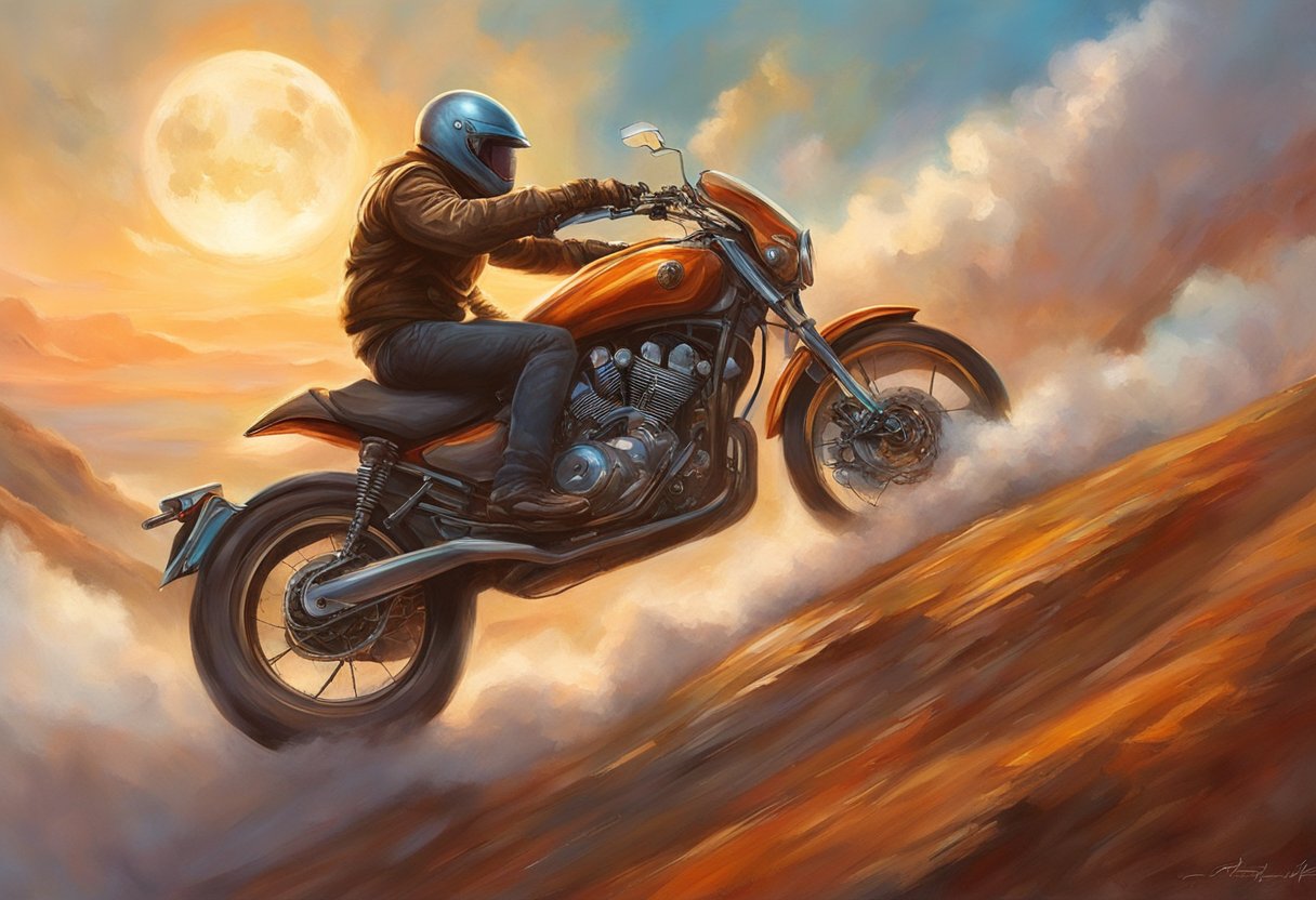 A motorcycle struggling up a steep incline, exhaust fumes billowing, as the rider leans forward, gripping the handlebars tightly