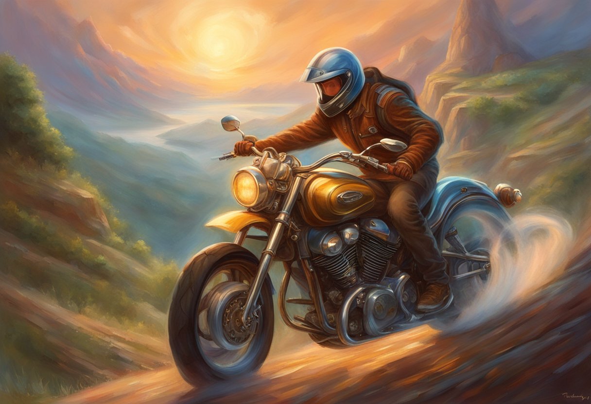 A motorcycle struggles to climb a steep hill, with the engine roaring and the rider leaning forward to maintain balance