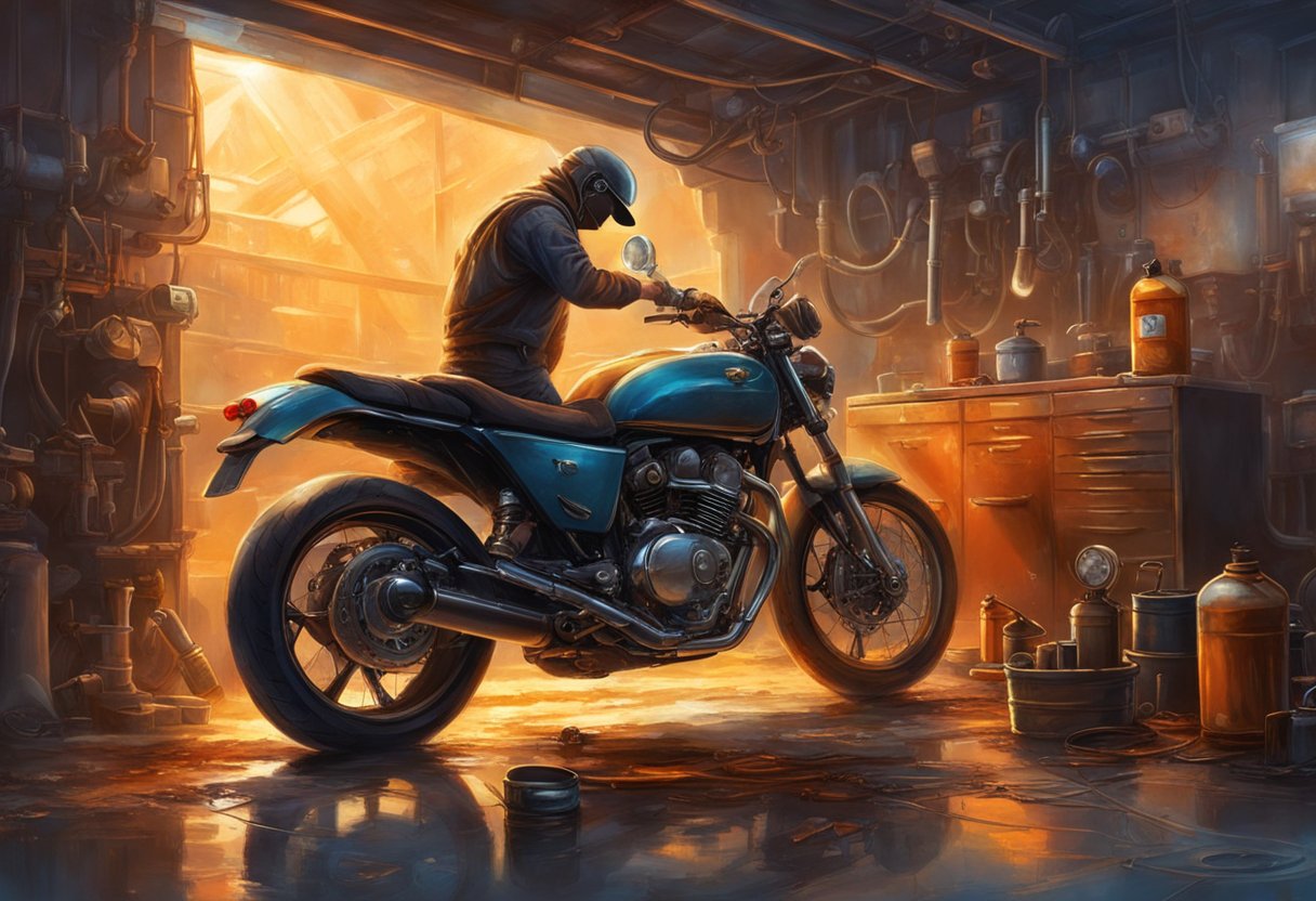 Engine oil being drained with visible metal shavings. A mechanic inspecting the oil filter for debris. A motorcycle parked in a garage with tools nearby