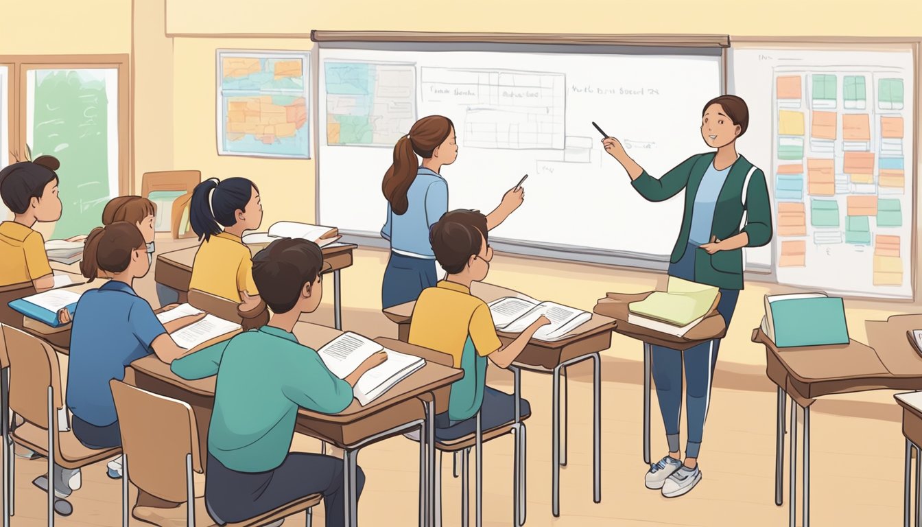 A classroom with desks, a whiteboard, and English textbooks. A teacher is explaining grammar rules to a group of secondary students