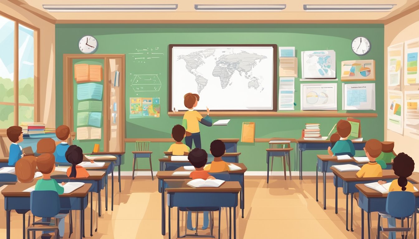 A classroom with desks, whiteboard, and English textbooks. A teacher instructs students on grammar and literature. Posters with vocabulary and writing tips adorn the walls