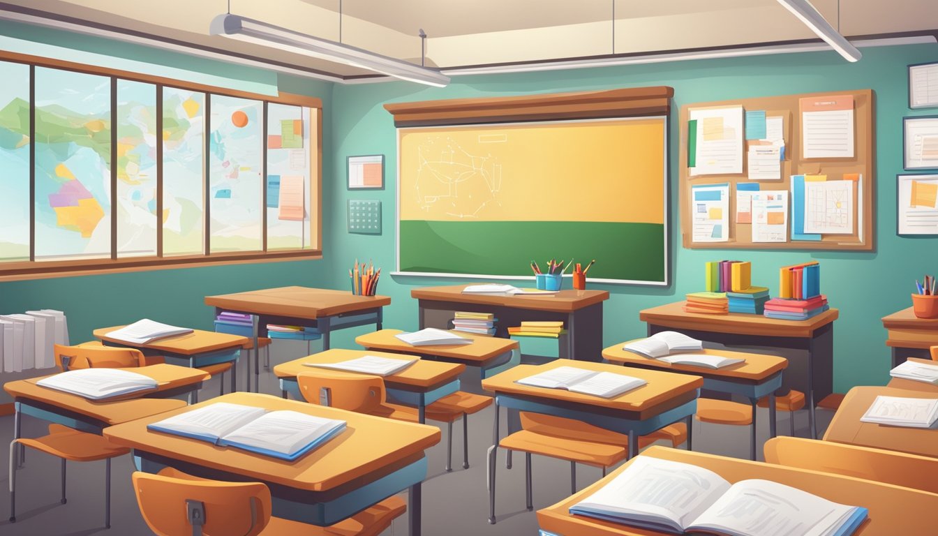 A classroom with colorful charts and books, a whiteboard with grammar rules, and a teacher