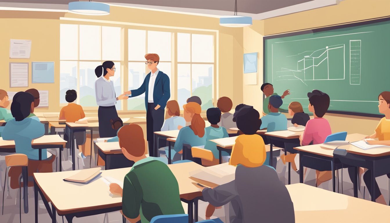 Students asking questions in a classroom setting with a tutor providing English tuition for secondary education