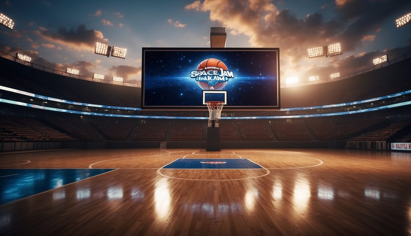 A basketball court with a screen showing Disney Plus. The titles "Glory Road" and "Space Jam" are visible