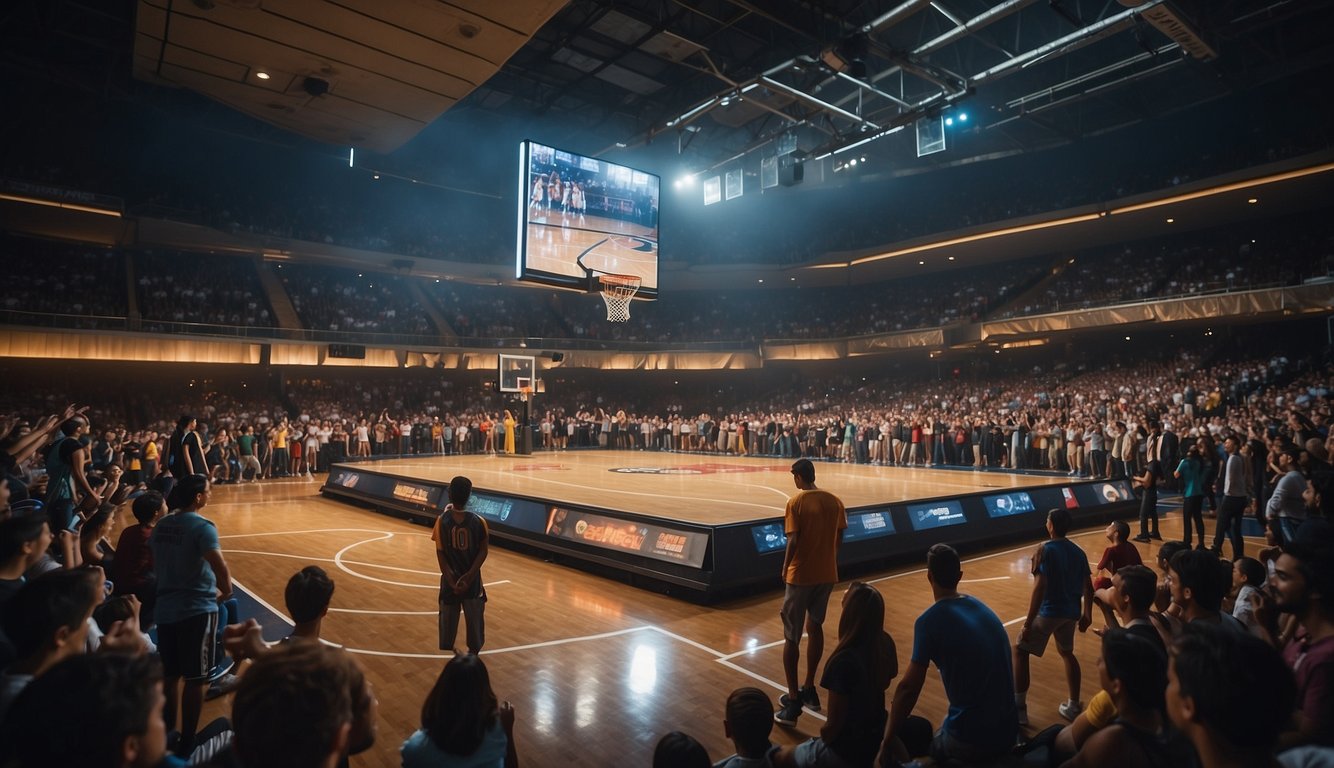 A basketball court with a movie screen displaying various Disney basketball films, surrounded by excited fans and players