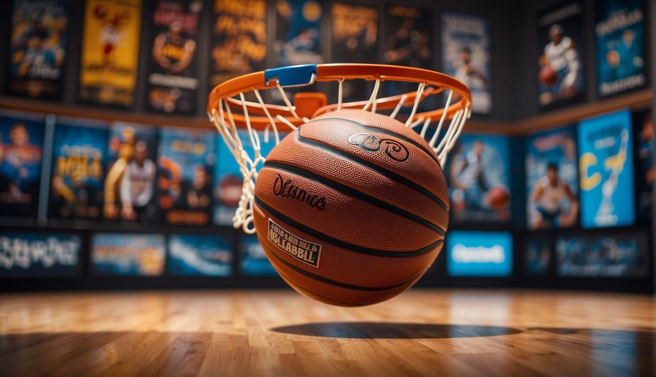 A basketball court with a hoop and basketball, surrounded by Disney+ movie posters featuring basketball-themed films