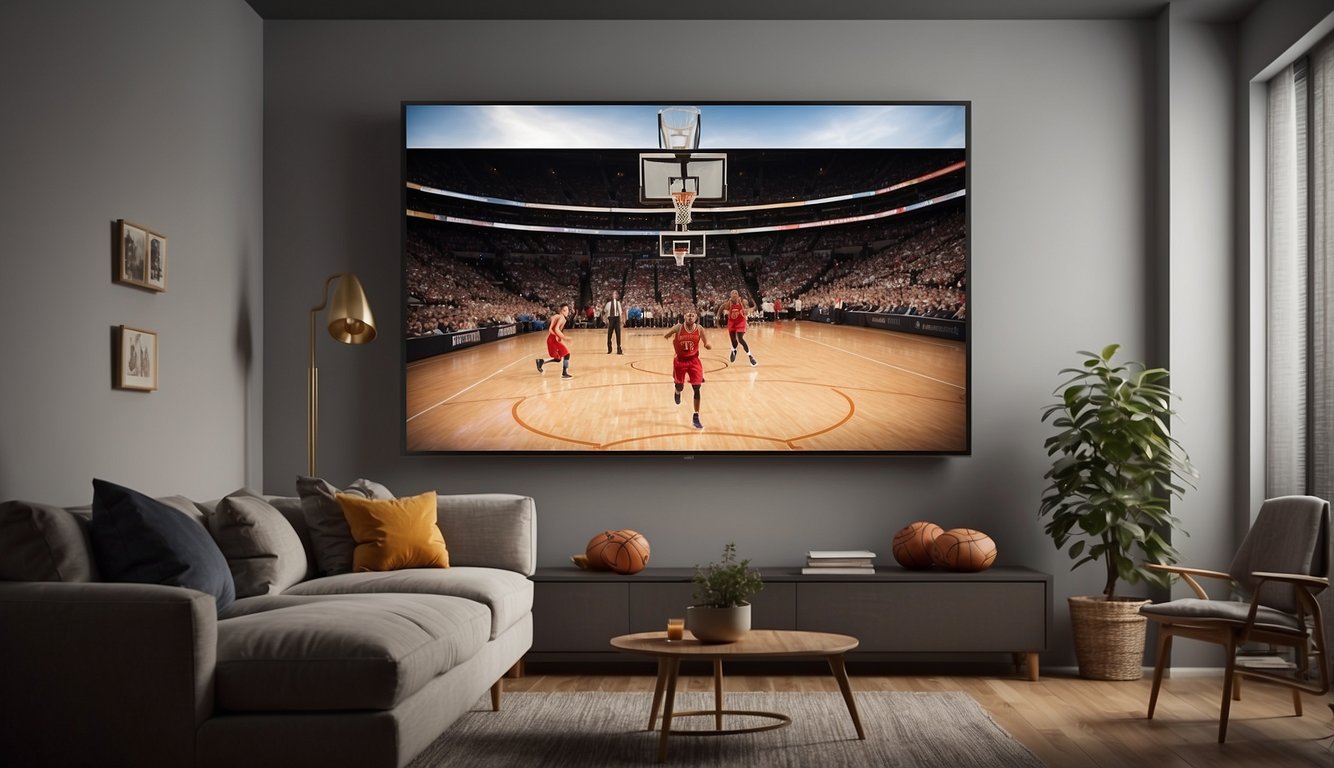 A basketball bouncing on a court, a family watching a game on TV, and a poster of a basketball player on the wall