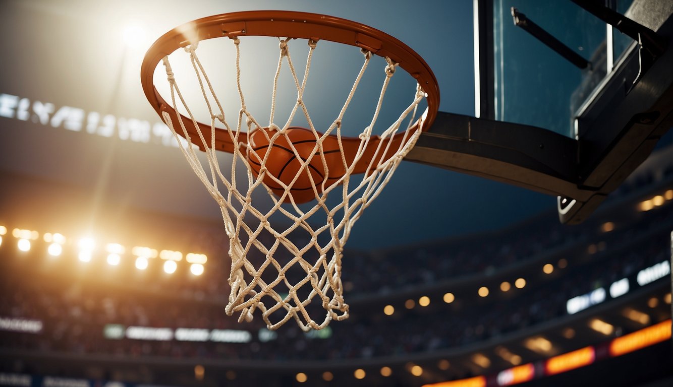 A basketball hoop stands against a backdrop of a vibrant, packed stadium, capturing the energy and excitement of a key moment in a basketball movie