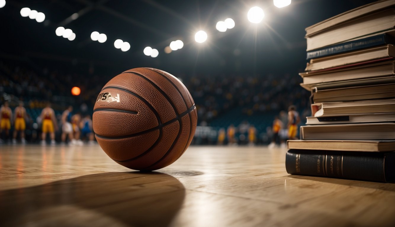 A basketball court with a spotlight on a stack of biographies, with basketballs scattered around