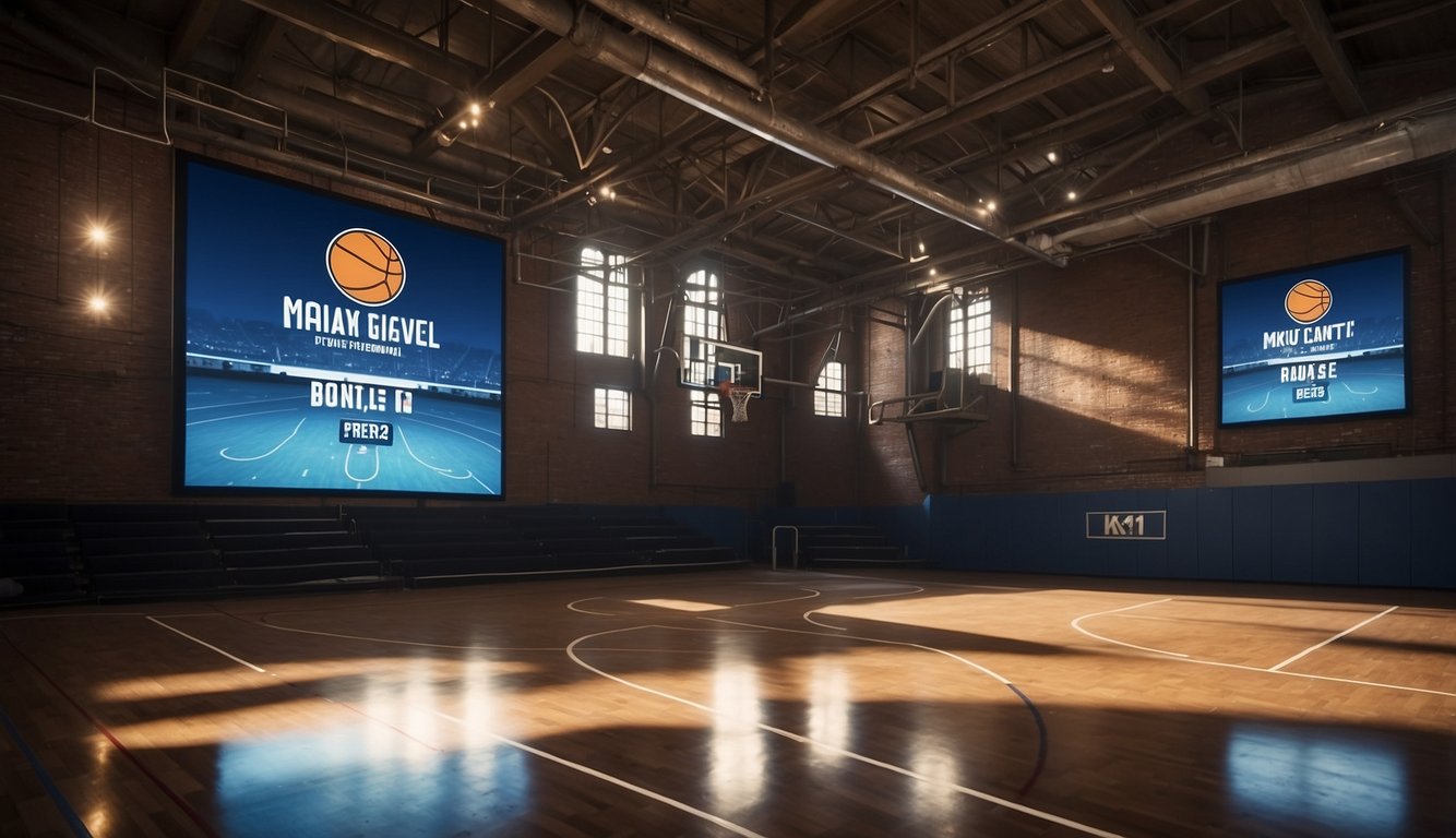 A basketball court with Disney+ Originals and Exclusives logos displayed on the big screen