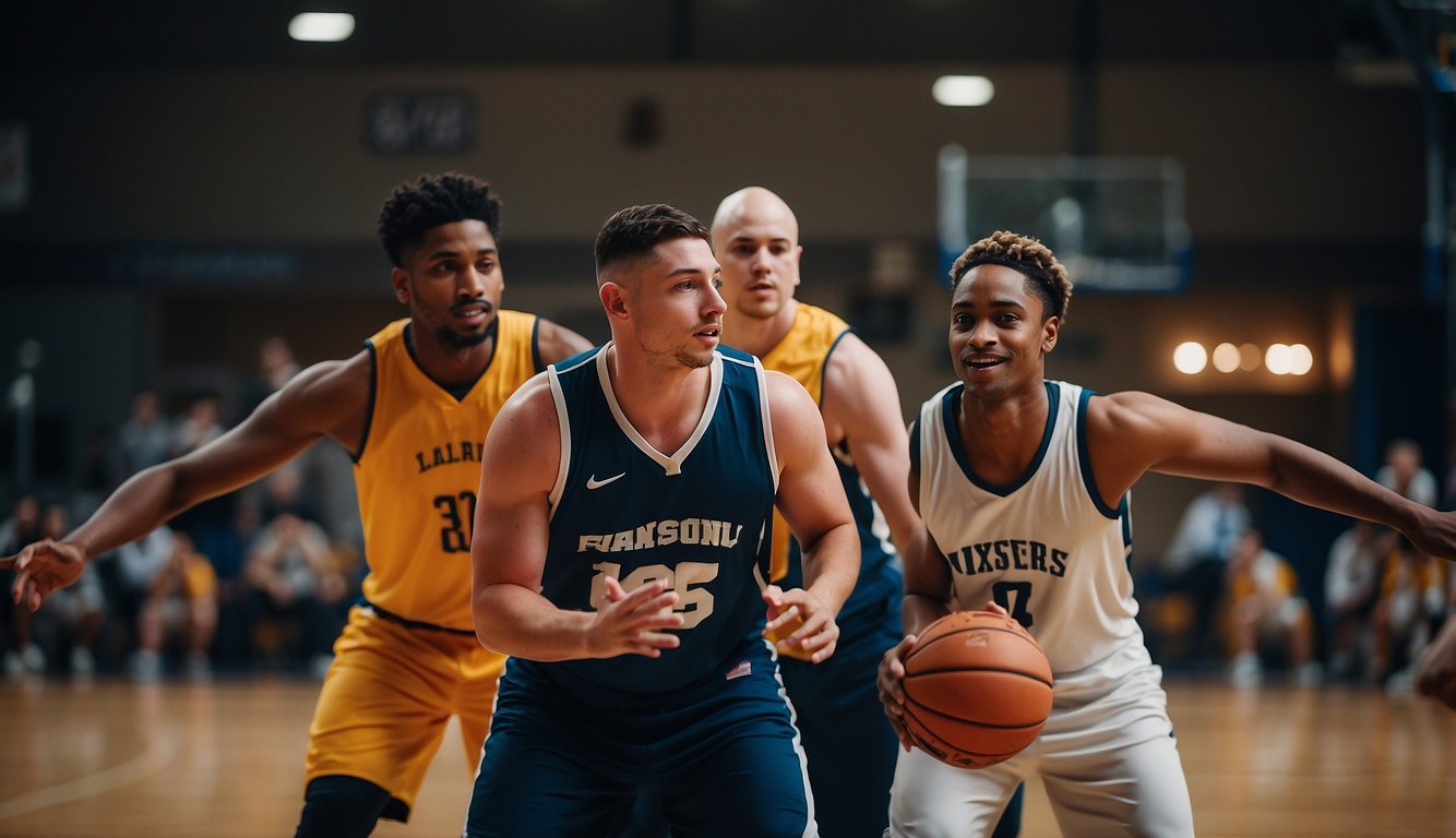 A diverse group of athletes of all abilities play basketball together, showcasing the importance of accessibility and inclusion in sports